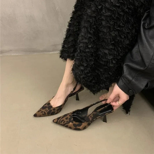 jinran Summer New High-heeled Women's Sandals Fashionable Pointed Toe Sexy Stiletto Heels Leopard Print Women's Shoes