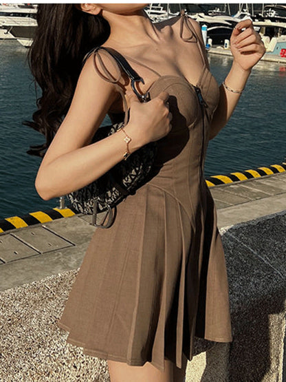 jinran Women A-Line Mini Dress Sexy Spaghetti Strap Bodycon Dress Summer Short Dress Ladies Casual Front Zipper Backless Skinny Dresses