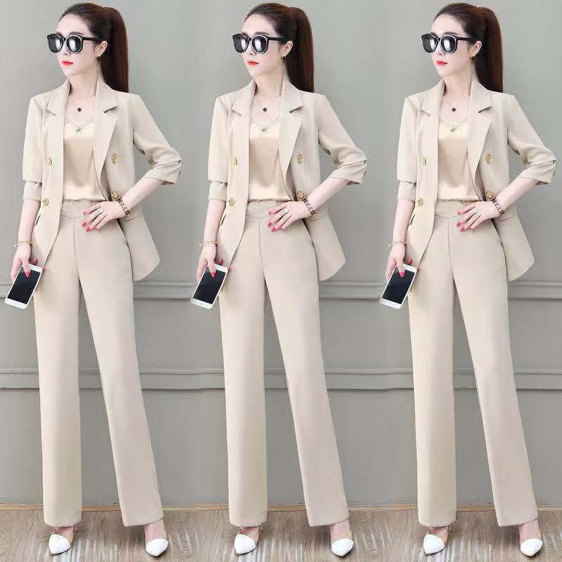 jinran Summer Korean Style Elegant Women's Pants Suit Fashion Slim Jacket Trousers Two-piece Set Office Blazer Temperament Tracksuit