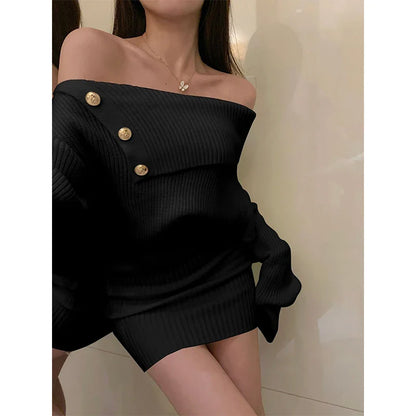 jinran White Knitted Mini Dress Women Fashion Sexy Black Slash Neck Wrap Sweater Dresses Winter Korean Elegant Bodycon A Line Vestidos