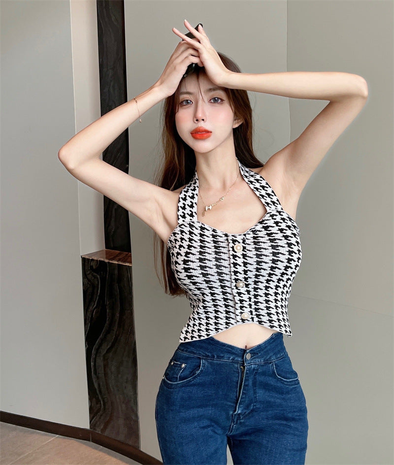 jinran Houndstooth V Neck Halter Top Crop Top Women Sexy Backless Camisole Knitting Soft Comfortable Vest Women 2022 New