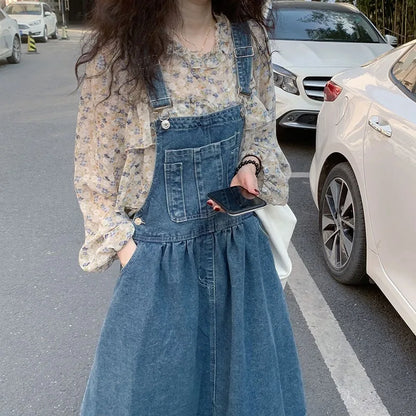 jinran 2024 Spring New Loose Denim Straps Dresses Women Solid Color Sleeveless Knee-length High Waist Office Lady Halter Dress Female