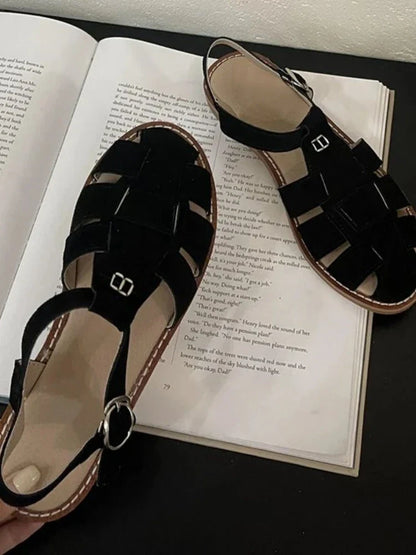 jinran Flat-soled Retro Genuine Leather Hollow Baotou Sandals Female Summer 2024 New Elegant Hollow Pig Cage Wrap Solid Women's Sandals