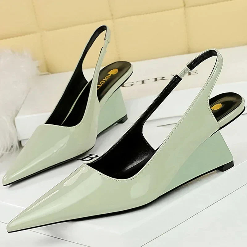 jinran 2024 Women 6.5cm High Heels Pumps Lady Pointed Toe Wedges Strange Middle Low Heels White Nude Pink Mules Patent Leather Shoes