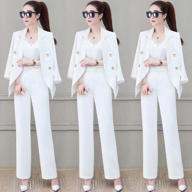 jinran Summer Korean Style Elegant Women's Pants Suit Fashion Slim Jacket Trousers Two-piece Set Office Blazer Temperament Tracksuit