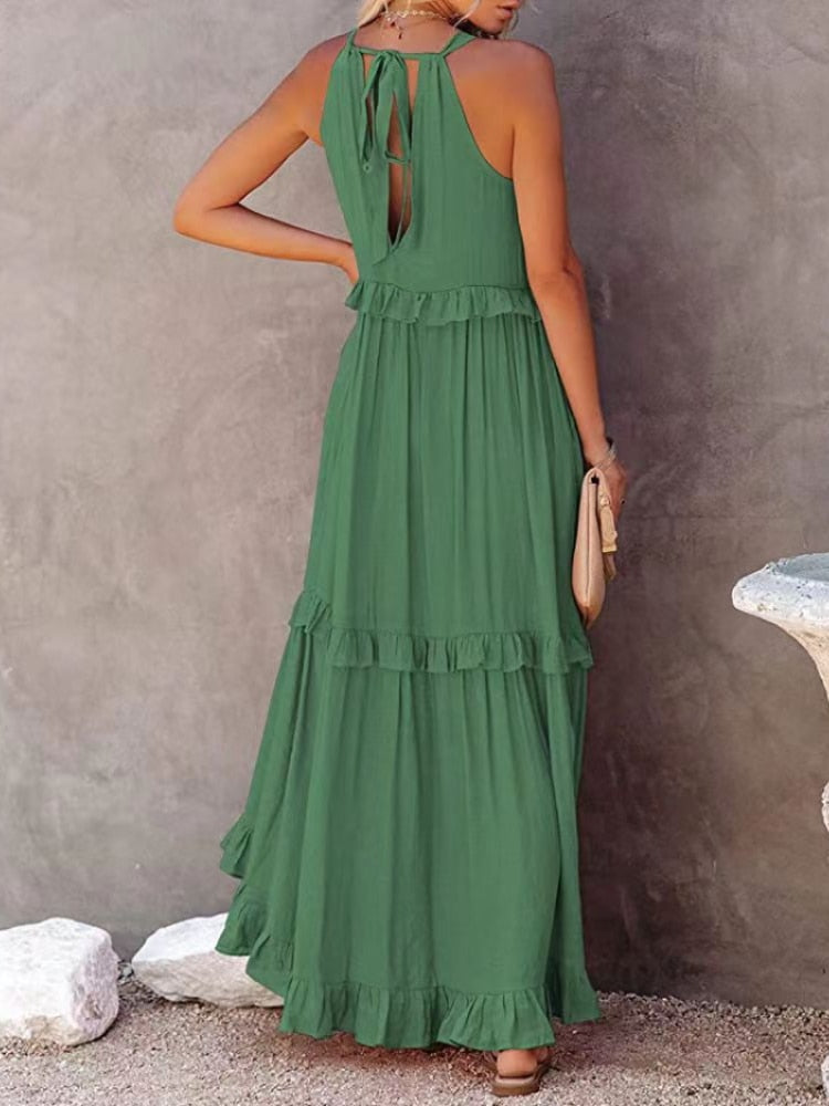 jinran Casual Solid Ruffle Long Dress Women Summer A-line Sleeveless Maxi Dresses Elegant Tie-Up Loose Beach Party Dress Vestidos Robe