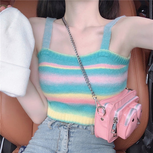 jinran Women Rainbow Striped Crop Tops Female Knitted Sleeveless Tank Tops Summer Camisoles Sweet Girls Casual Party Daily Club Vest