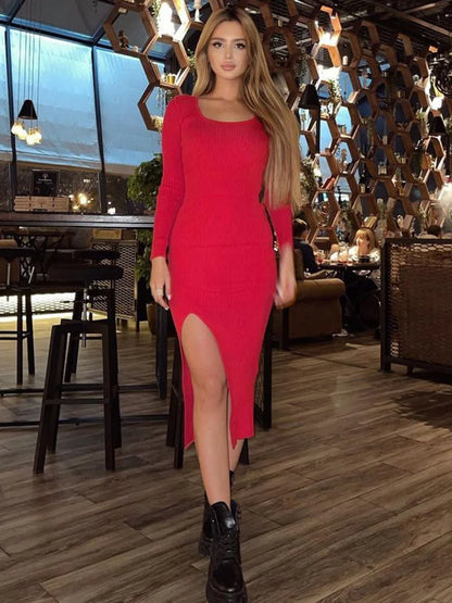 jinran White Scoop Neck Knit Dress Female Basic High Split Autumn Solid Elegant Ribbed Party Dress Patchwork Long Sleeve Dress