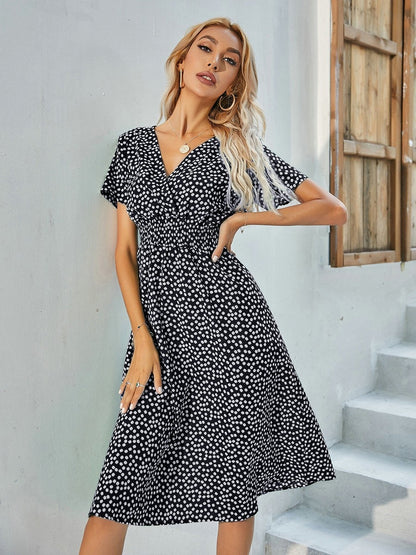 jinran Floral Print Shirred Waist Flared Hem Dress Summer Women Holiday Short Sleeve V-neck A-line Long Dress Robe Femme