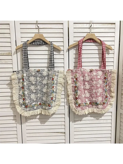 nvxiot  -  Women Vintage Plaid Lace Embroidery Single Shoulder Bags Totes Women's Soft Floral Cotton  Large Capacity  Bag