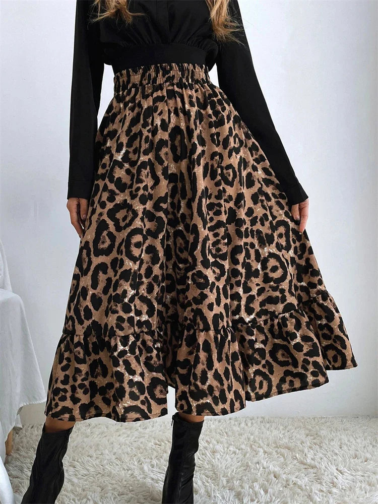 jinran  High Waist Leopard Midi Skirt For Women Casual Boho Printed Long Tulle Skirt Ladies 2024 Autumn New Chiffon A-line Skirt