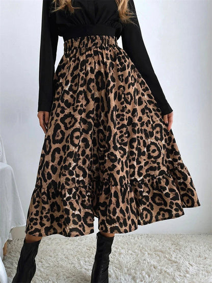 jinran  High Waist Leopard Midi Skirt For Women Casual Boho Printed Long Tulle Skirt Ladies 2024 Autumn New Chiffon A-line Skirt