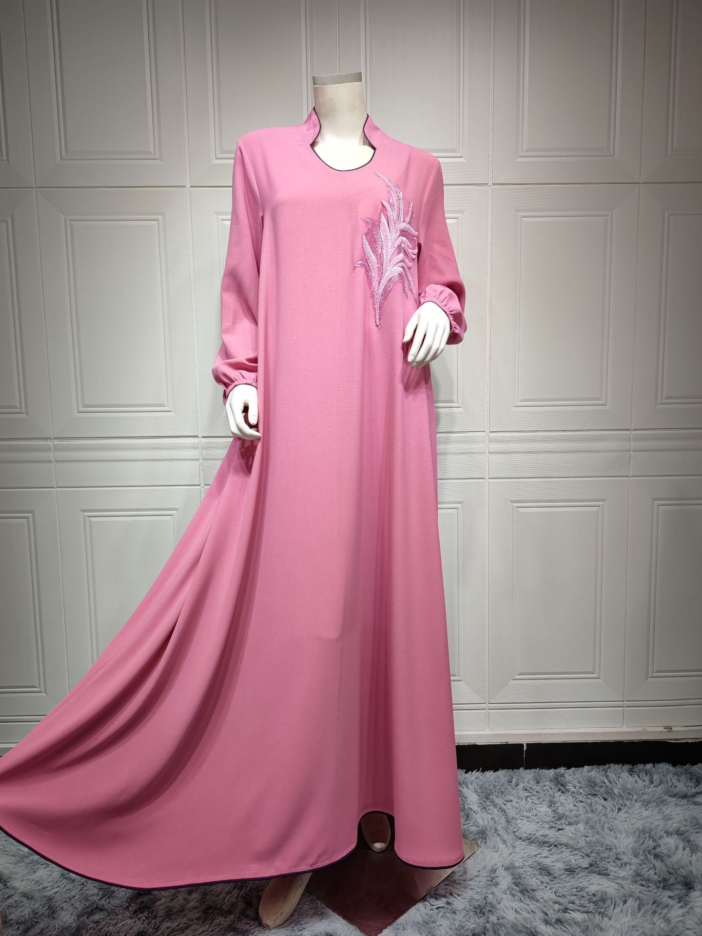 jinran Casual New Style Round Neck Fine Plain Color Polyester Muslim Southeast Asian Women's Chest Applique Dress Ab173