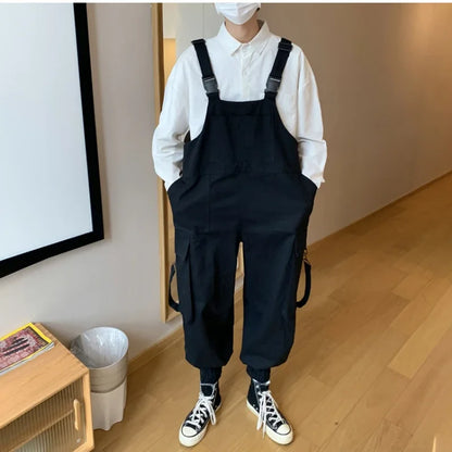 Suspenders Jumpsuit Pants Men Summer Overalls Japanese Loose Straps Casual Pockets Unisex Oversize Streetwear Solid Man Clothing