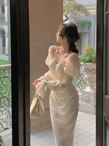 jinran Vintage Women Fashion Elegant Puff Sleeve Midi Corset Maxi Dresses Evening Prom Female Party Lady Clothes Vestdios Summer