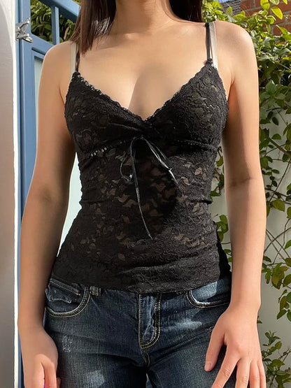 jinran -Black See Through Lace Cami Crop Tops Women Summer Y2K Clothes Sleeveless V Neck Sexy Tanks Camis Aesthetic 2000s Gothic Tees