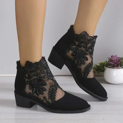 jinran Leopard Mesh New Women's Boots Embroidery Short Boots Retro Elegant Pointed Toed Black Summer Shoes for Women Zapatos
