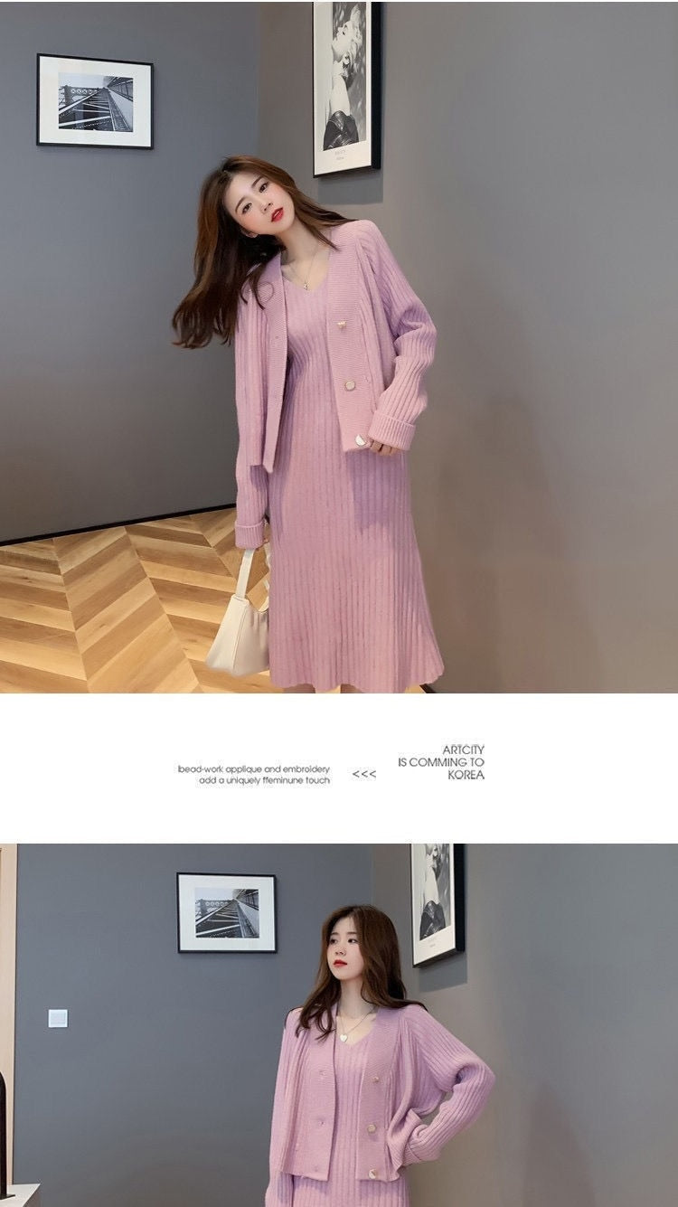 jinran Womans Clothes for Autumn Winter Loose Solid Knitwear Women's Two Piece V-Neck Casual Dress Set Long Sleeve Sweater Skirt