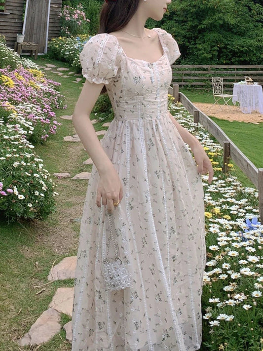 jinran Vintage Puff Sleeve Fairy Midi Dress Women Sweet Elegant Korean Style Floral Dress Female 2023 Summer Casual Party Dresses Chic