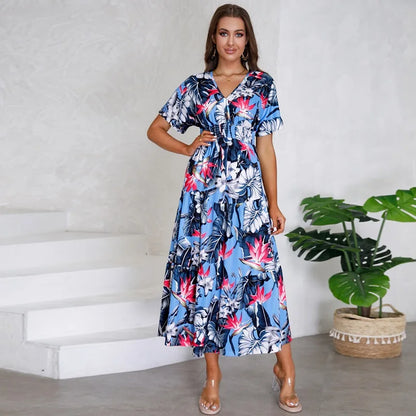 jinran Women Autumn Outfits Short Sleeve Sexy V-Neck Slim Bohemian Print Dress Popular Printed Summer Dress Women