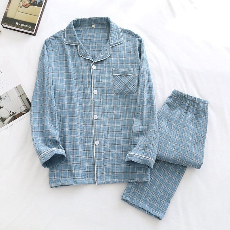 jinran New Spring And Autumn Pure Cotton Crepe Cloth Couple Soft Men Long-Sleeve Simple Home Service Women Two Piece Set