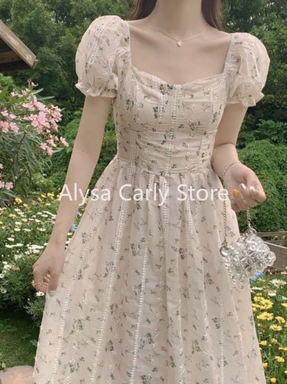 jinran Vintage Puff Sleeve Fairy Midi Dress Women Sweet Elegant Korean Style Floral Dress Female 2023 Summer Casual Party Dresses Chic