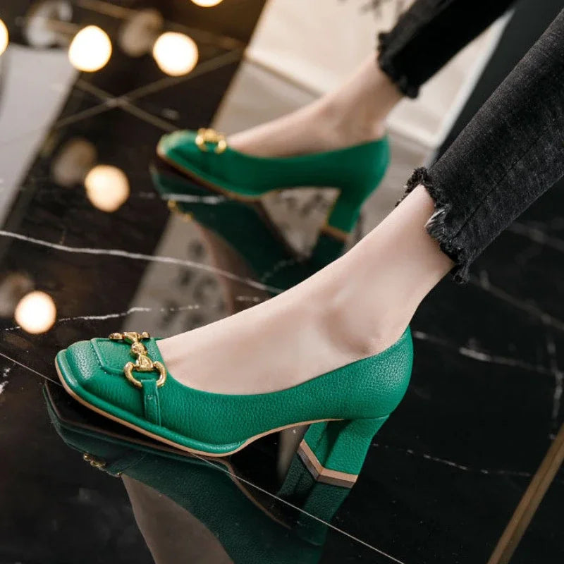 jinran Women's Mid-heel 5.5CM Summer French Style Back Empty Female Thick Heel Square Toe Mary Jane Shoes Black Green Talon Femme