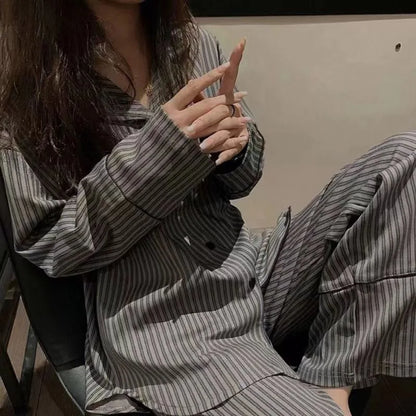 jinran 2024 New Cardigan Simple Pajamas Women Spring Autumn Sleepwear Striped Student Homewear Suit V-neck Loose Thin Loungewear