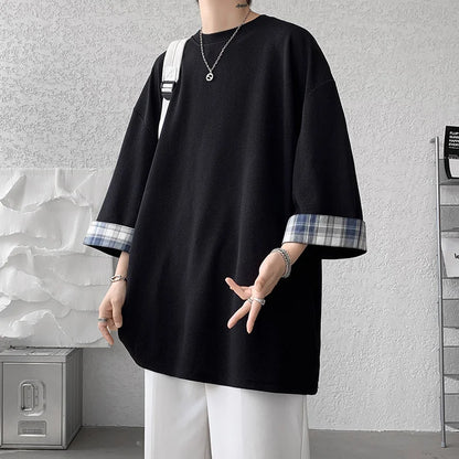 Spring Summer Men's T-shirts Women Oversized 2XL Korean Style Loose Plaid T-shirt Casual Seven sleeves T-Shirt Male White