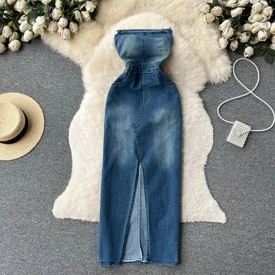jinran Women Sexy Strapless Hollowed Out Halter Neck Backless Sleeveless High Waist Slimming A-line Denim Zipper Dress
