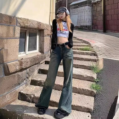 jinran American Retro Hottie Low-waist Jeans for Women 2024 Summer Old Washed Wide-leg Pants Loose Straight Leg Mopping Pants