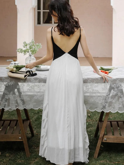 jinran French Black And White Patchwork Maxi Dress Women Summer V Neck Sleeveless Backless Pleated Vestido Beach Holiday Party Clothing