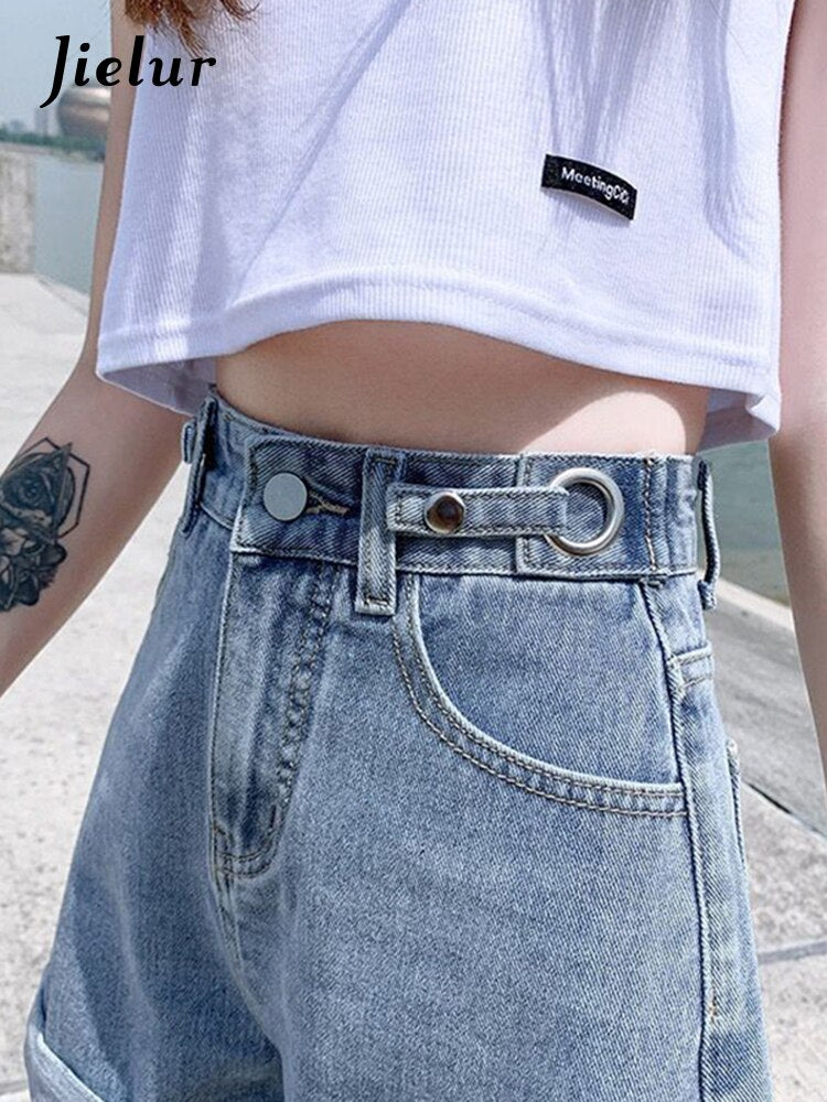 jinran Summer New Women Adjustable Waist Slim Short Jeans Lady High Street Wide Leg Short Pants Female High Waist A-Line Shorts