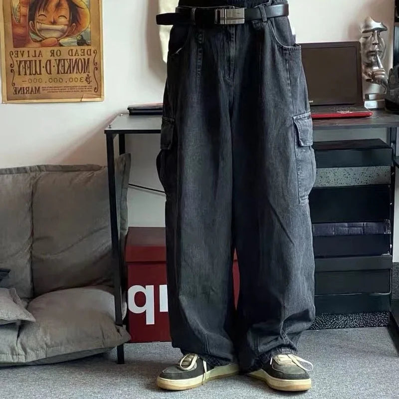 Baggy Jeans for Men Black Denim Cargo Pants Wide Leg Pants Oversize Cargo Pants Korean Streetwear Hip Hop Harajuku