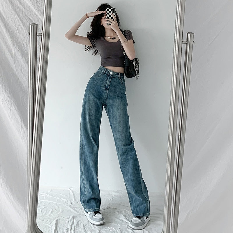 jinran Jeans Women Baggy High Waist Pants 2022 New Fashion Straight Leg Pants Y2k Denim Trousers Vintage Loose Washed Mom Jeans