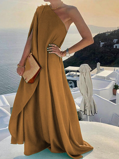 jinran New Summer Fashion One Shoulder Button Beach Long Dress Elegant Women Solid Loose Party Dress Sexy Diagonal Neck Boho Robe Dress