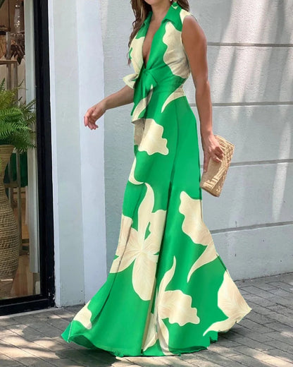 jinran Women's Jumpsuit Summer Fashion V Neck Sleeveless Lapel Solid Color Pleated Ties Loose Wide Leg Jumpsuit