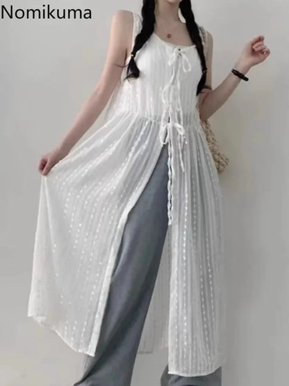 jinran White Dress Women Clothing Vestido Femme O-neck Bandage Tunic Sleeveless Robe Femme Spit Embroidery See Through Summer Dresses