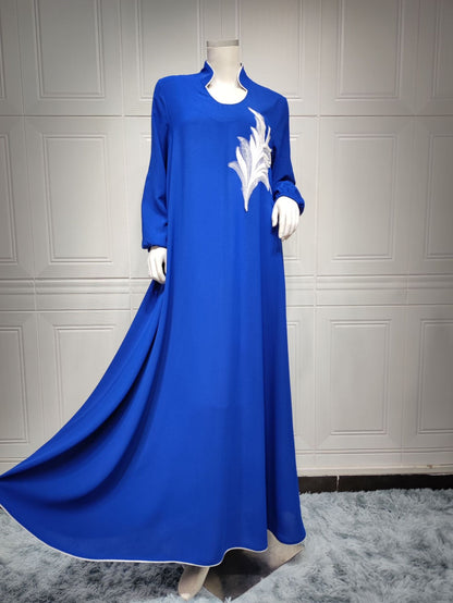 jinran Casual New Style Round Neck Fine Plain Color Polyester Muslim Southeast Asian Women's Chest Applique Dress Ab173