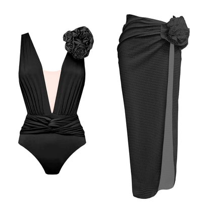 jinran 2024 One Piece Swimsuit Women Swimwear with Beach Skirt V Neck Bathing Suit Flower Beachwear Monokini Swim Summer