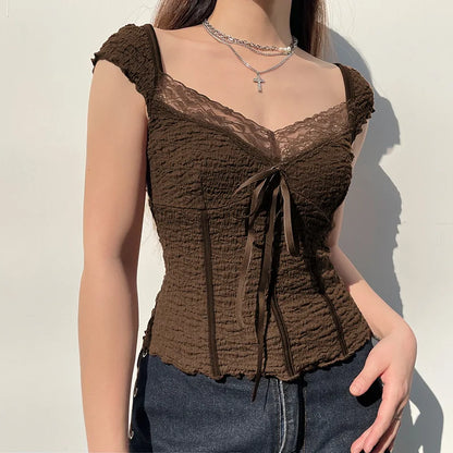 jinran Folds V Neck Women's Crop Top Elegant Lace Patchwork Slim Brown Vintage T-shirt Lady Fashion Streetwear Summer Autumn Outfit