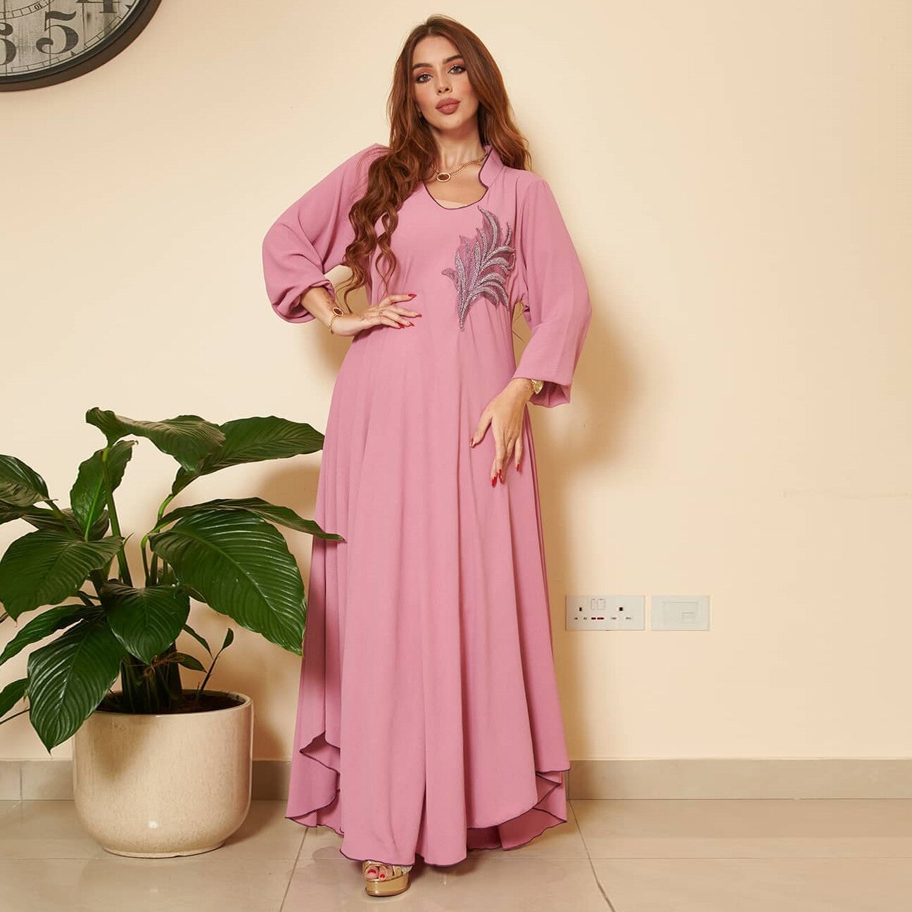 jinran Casual New Style Round Neck Fine Plain Color Polyester Muslim Southeast Asian Women's Chest Applique Dress Ab173