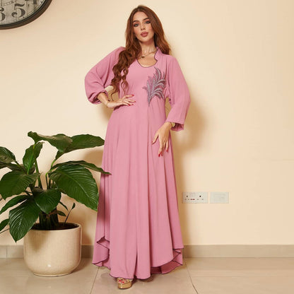 jinran Casual New Style Round Neck Fine Plain Color Polyester Muslim Southeast Asian Women's Chest Applique Dress Ab173