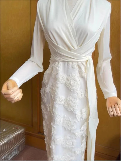 jinran Women Elegant Flowers Bandage One-piece Dresses Spring Long Sleeve Patchwork Luxury Party Vestido Office Lady Clothing