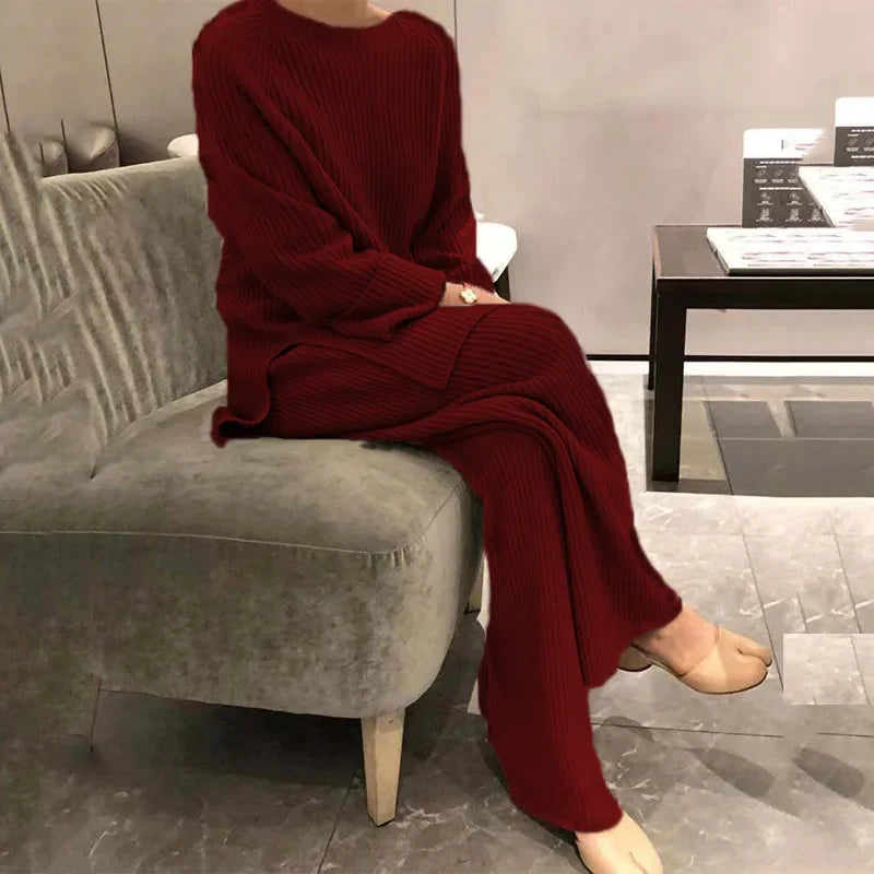 jinran Lady Home Suit Autumn Fashion Soft Casual O-Neck Pullover Tops+Knitted Pant New Homewear Pajama Winter Solid Women Two Piece Set