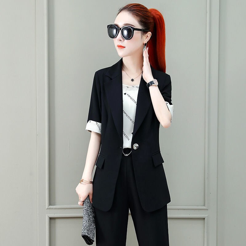 jinran 2022 Summer New French Elegant Women's Pants Suit Slim Jacket Office Blazer Casual Trousers Two-piece Set Female Tracksuit Set