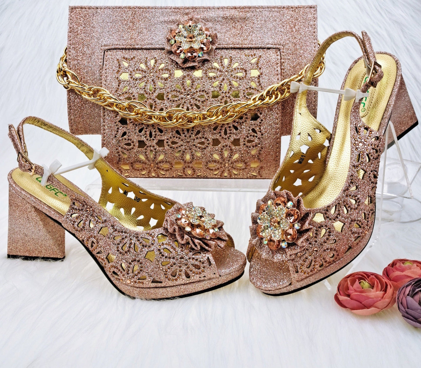 jinran Newest Gold Color Cutout High Heels Decorated with Rhinestone Flower Design Party Women's Shoes and Bags Set