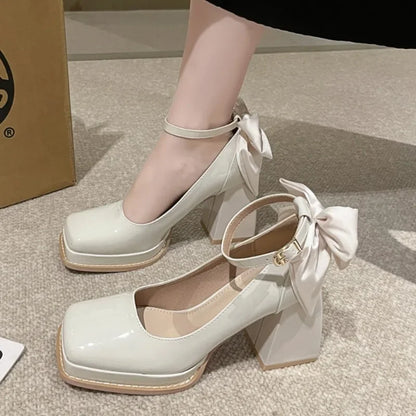 jinran 2024 Spring Casual Party Mujer Zapatos Versatile Solid Color Patent Leather Mary Jane Shoes Fashion Bow Brand Design High Heels