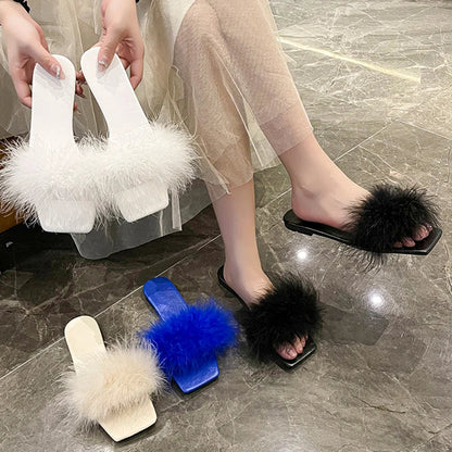 jinran Blue Summer Flat Fur Slipper Women 2024 Soft Bottom Non Slip Slides Shoes Woman Fashion Square Toe Fluffy Slippers