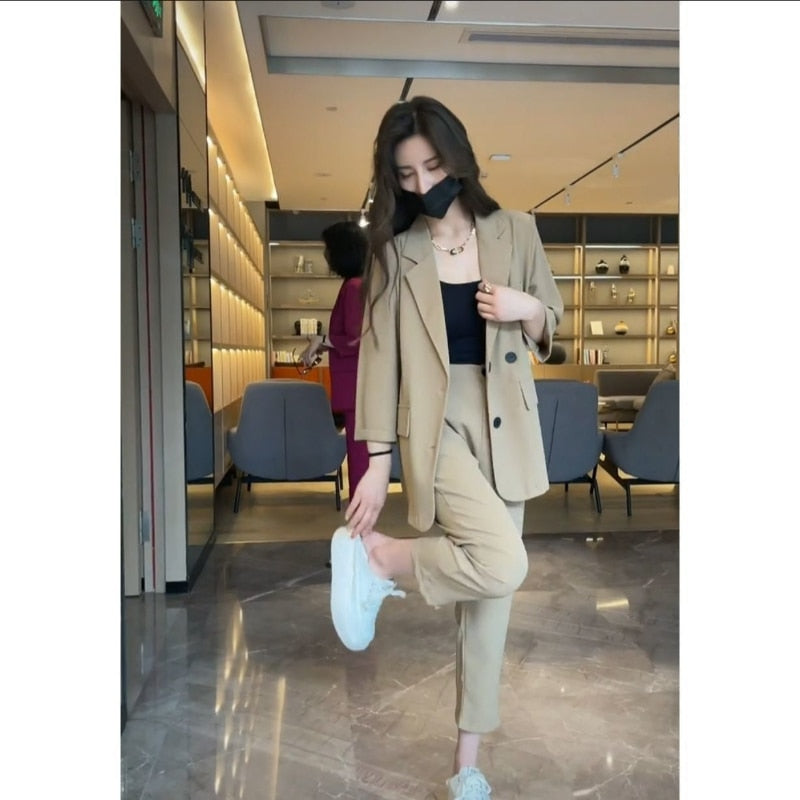 jinran 2022 Summer South Korea Thin Suit Suit Elegant Women Simple Fashion Coat High Waist Straight Tube Capri Pants Two-piece Set